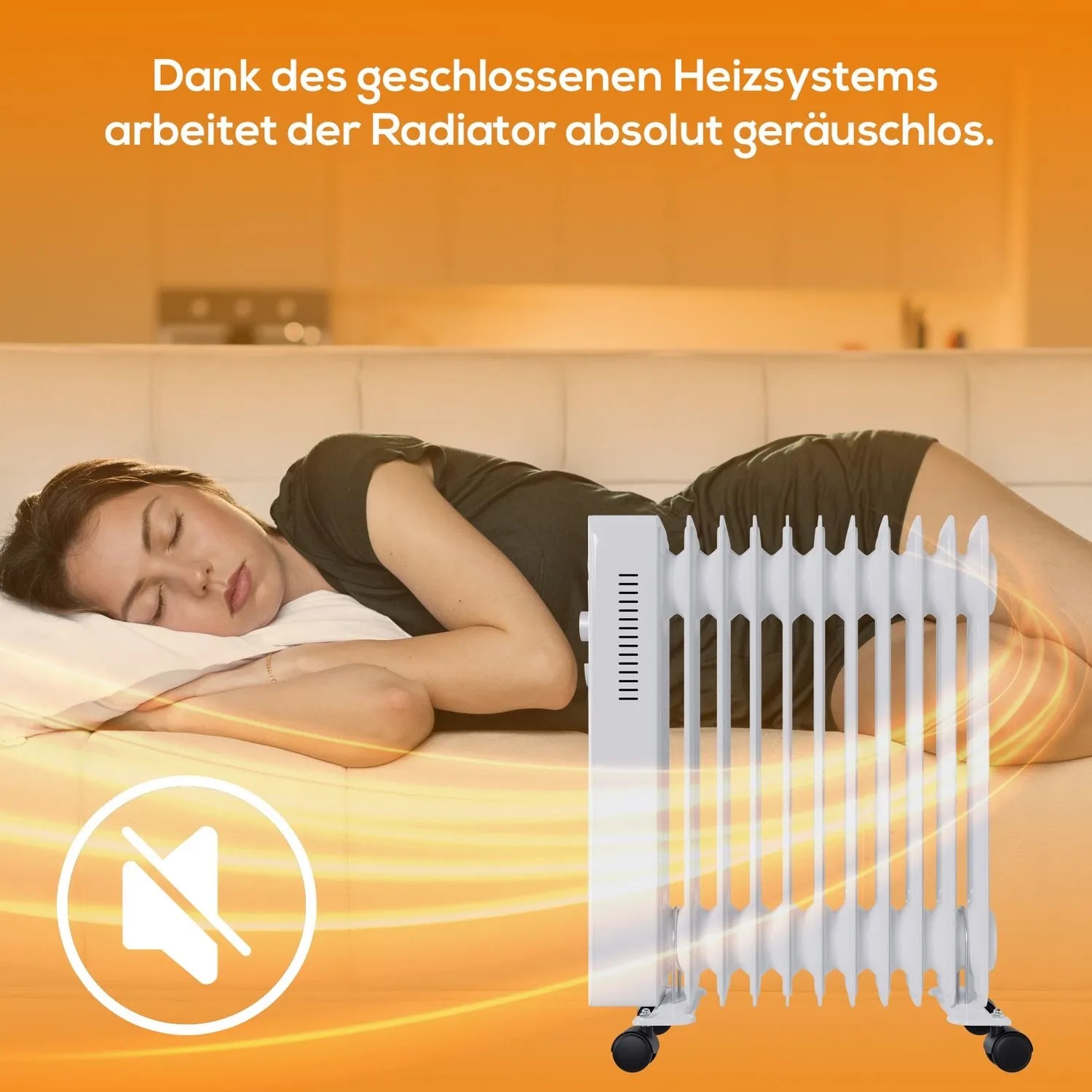 Weißer TroniTechnik Ölradiator mit 11 Rippen neben schlafender Person. Elektrische Heizung für geräuschlose Wärme.