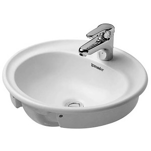 Weißes Duravit Einbauwaschbecken Manua, 48 cm, mit Hahnloch und Armatur.