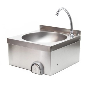Edelstahl Gastro Waschbecken mit rundem Becken, Kniebedienung und Armatur für Hygiene in Gastronomie.