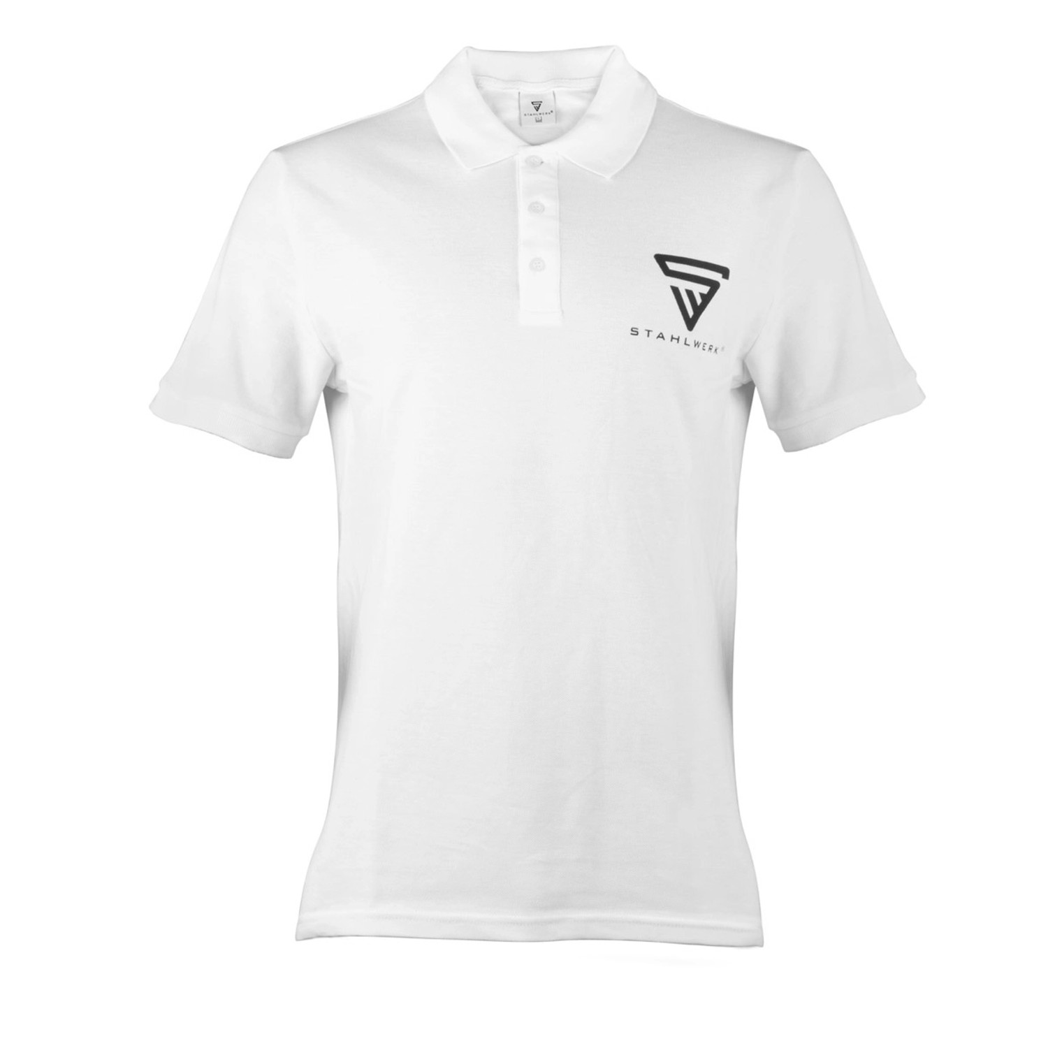 Weißes STAHLWERK Polo-Shirt, Größe XL, mit Logo-Print. Arbeitskleidung aus 100% Baumwolle.