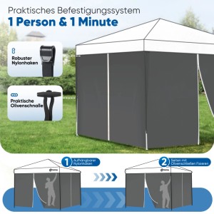 Dunkelgraue Pavillonseitenteile mit Reißverschluss. Einfache Montage mit Nylonhaken und Olivenknöpfen für 3x3m Pavillon.