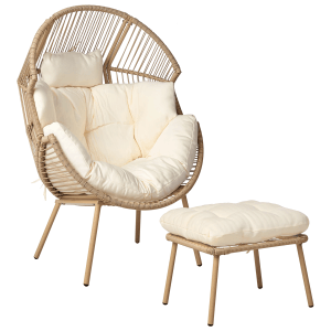 Beliani Sessel mit Fußhocker, beige/naturfarben/weiß, Rattangeflecht, bequeme Polsterung für Garten oder Wohnzimmer.