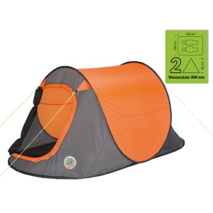 Orange-graues Pop-up-Zelt für 2 Personen, schneller Aufbau für Camping & Outdoor.