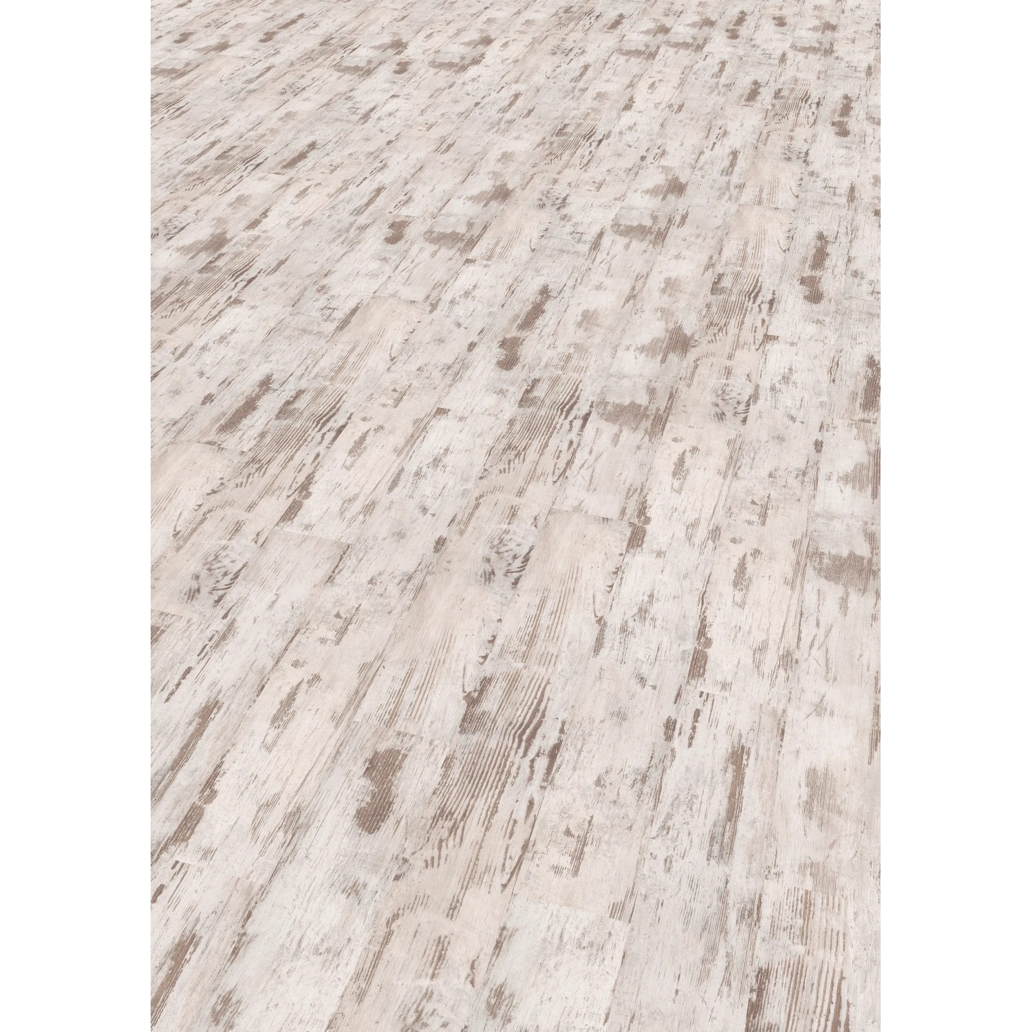 Heller Laminatboden in Weiß mit Altholzstruktur und Maserung. Rustikaler Look für Wohn- und Gewerberäume.