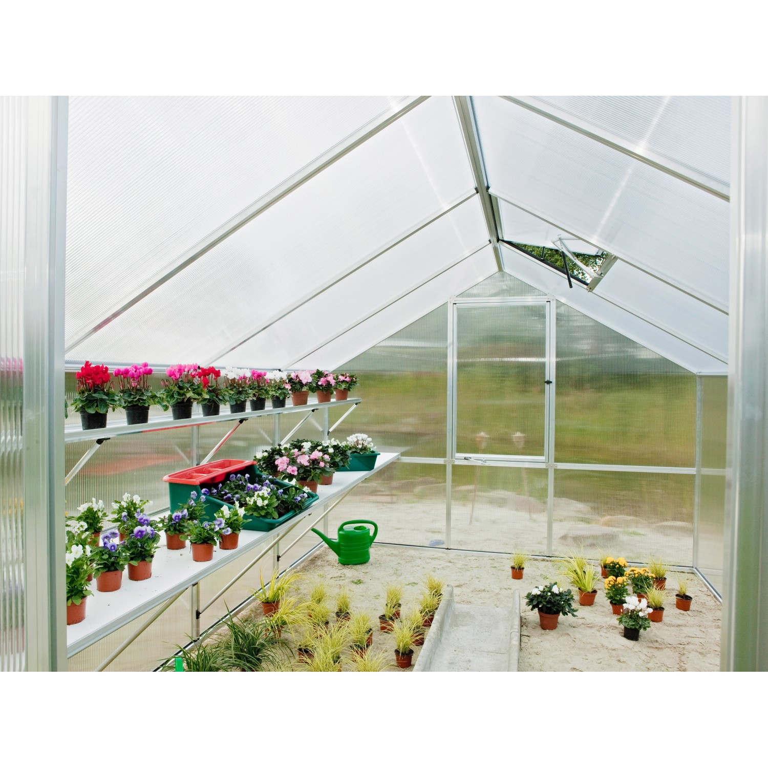 KGT Hängebord Rhodo III Alu blank, 26 cm tief, im Gewächshaus mit Pflanzen.