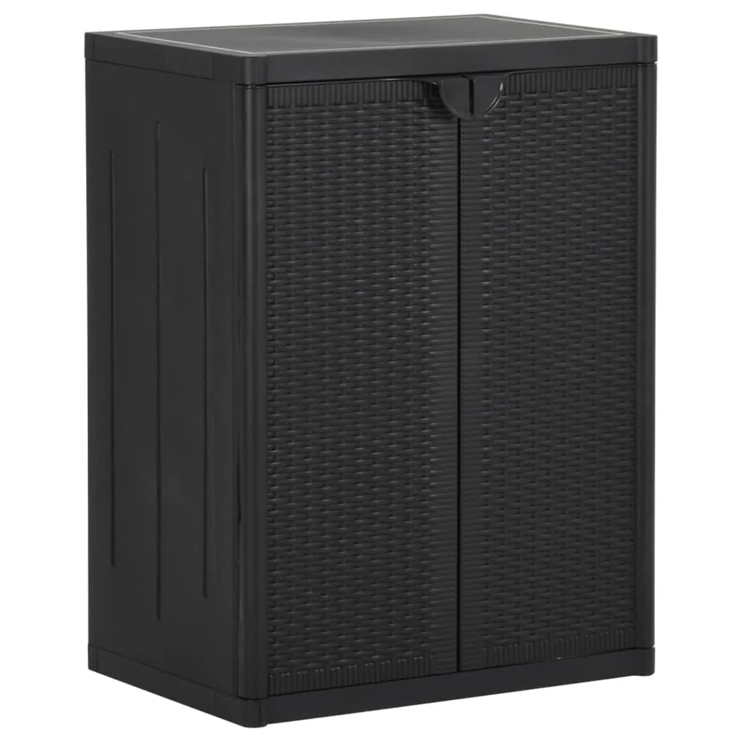 Schwarzer vidaXL Gartenschrank (65x45x88 cm) in Rattan-Optik für Büro oder Garten.