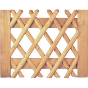 Braunes Jägerzaun Tor, 100x80 cm, aus imprägniertem Holz mit diagonaler Lattung.