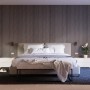 Schlafzimmer mit Akustikpaneel Wandverkleidung Eiche Grau auf Schwarz, 240 cm, FSC®-zertifiziert.