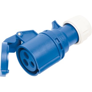 Blaue CEE Caravan-Kupplung, 3-polig, 16A, mit weißer Schutzkappe. Spritzwassergeschützt.