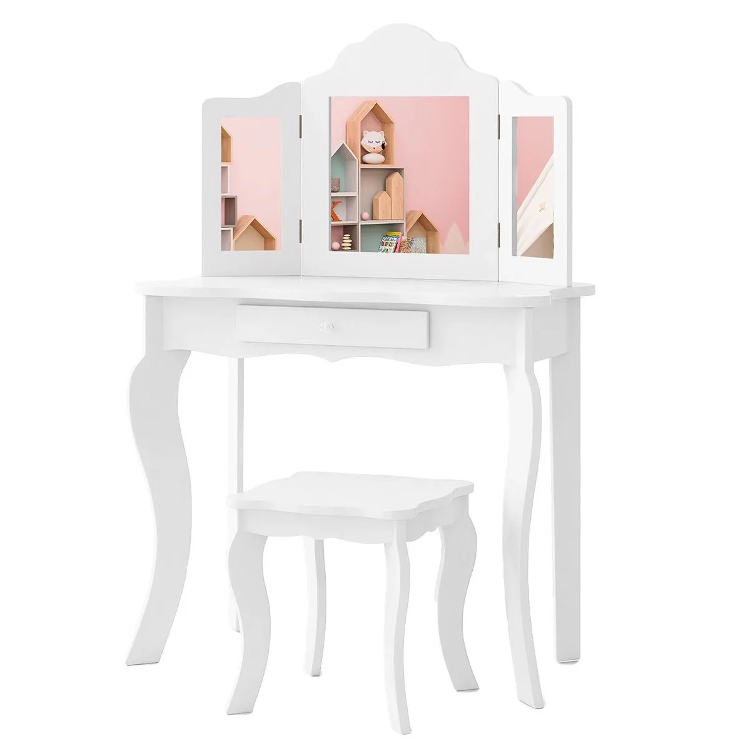 Costway 2 In 1 Kinder Schminktisch mit 3-Fach Spiegel & Hocker Weiß