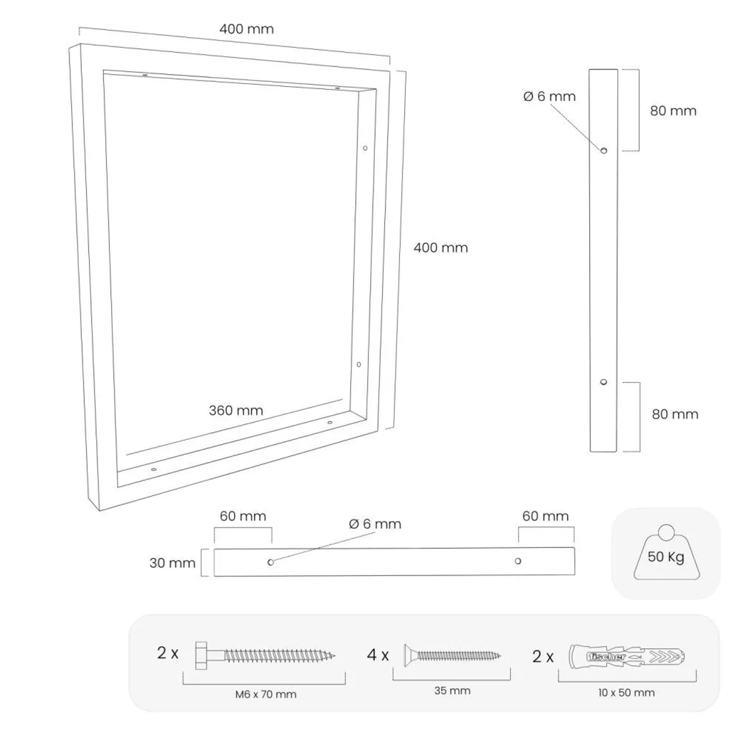 Technische Zeichnung der schwarzen HEVVA REUSS Waschtischhalterung mit Maßen 40x40 cm, Profil und Befestigungsmaterial. Max. 50 kg Traglast.