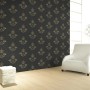 Glööckler Vliestapete mit Krone, Blattmotiv und Wappen in Schwarz-Gold für ein luxuriöses Ambiente.