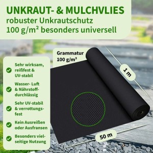 TTL GARDEN Unkrautvlies 100g/m² 1x50m Schwarz 50m² Gartenvlies Mulchvlies UV-stabil Wasserdurchlässig für Beet & Wege