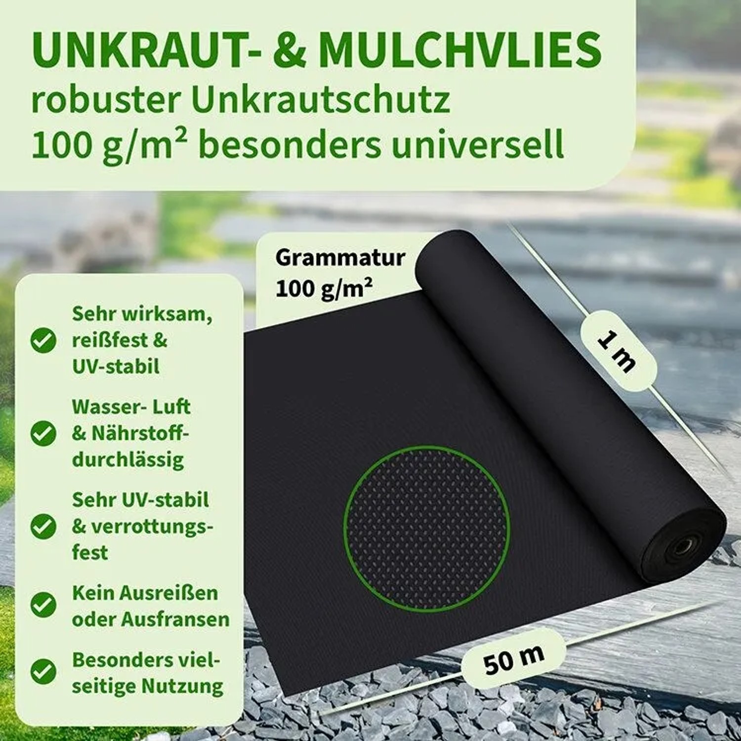 Schwarzes Unkrautvlies 100g/m², 1x50m Rolle für Beet und Wege.