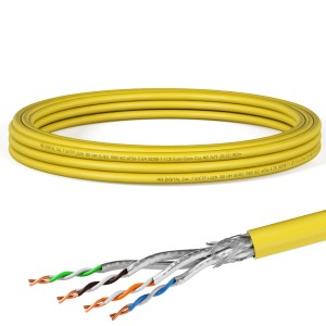 Gelbes hb-digital CAT 7 Netzwerkkabel, 5m, mit offen gelegter Innenverkabelung.