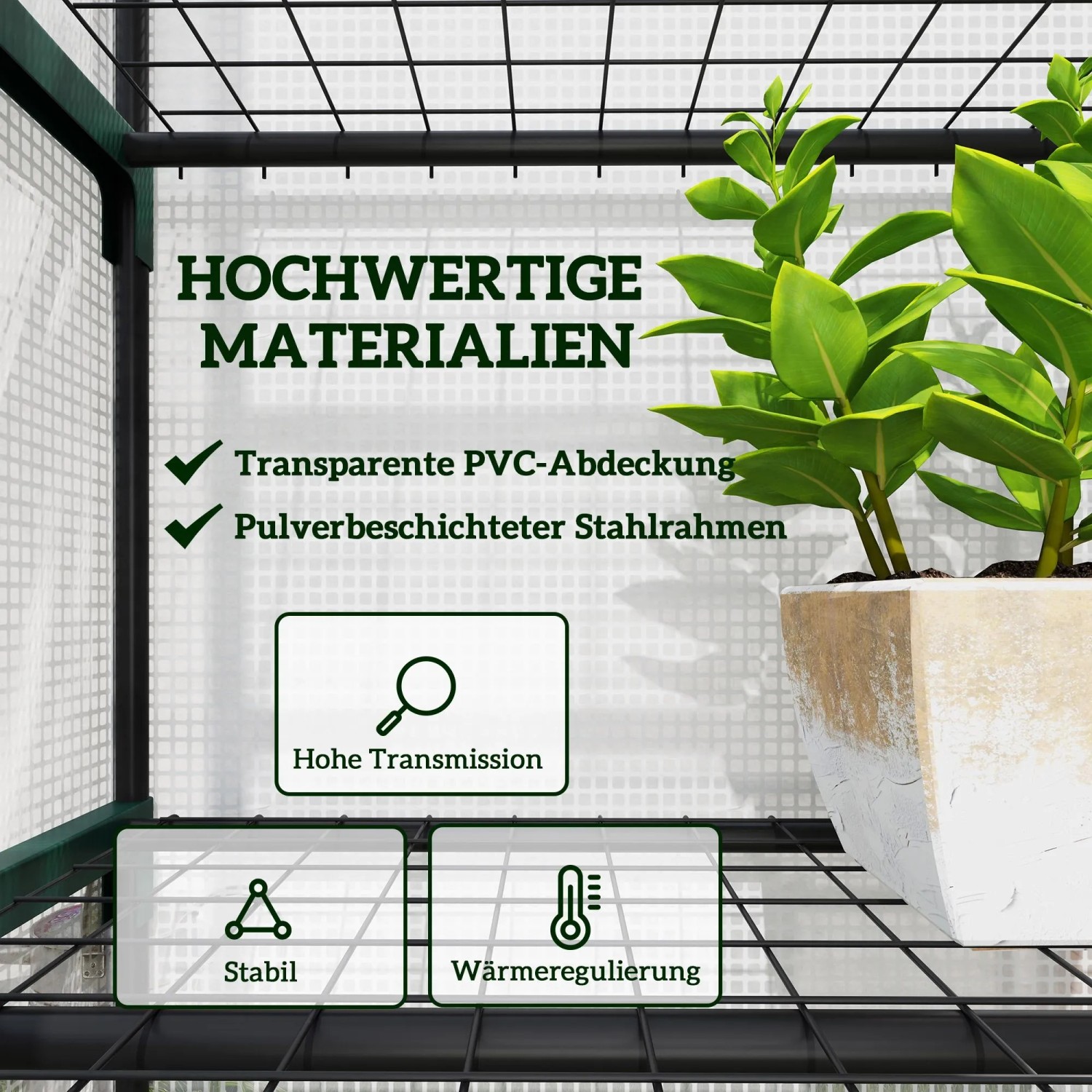 Outsunny Foliengewächshaus: Transparente PVC-Abdeckung, pulverbeschichteter Stahlrahmen. Hohe Lichtdurchlässigkeit, stabil, wärmeregulierend.
