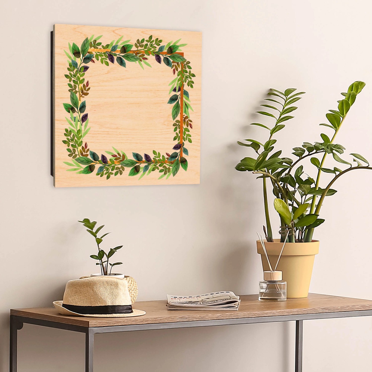 Banjado Schlüsselkasten aus Holz, 30x30cm, schwarz, mit Blätterrahmen-Motiv und 50 Haken.