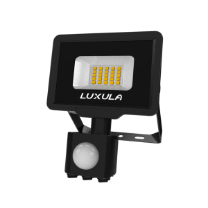 Schwarzer LUXULA LED Fluter 20W mit Bewegungsmelder für Außen, warmweißes Licht.