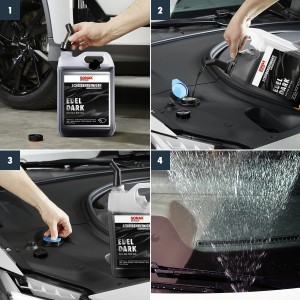 Anwendung des Sonax Scheibenreinigers Edeldark 5l in 4 Schritten.