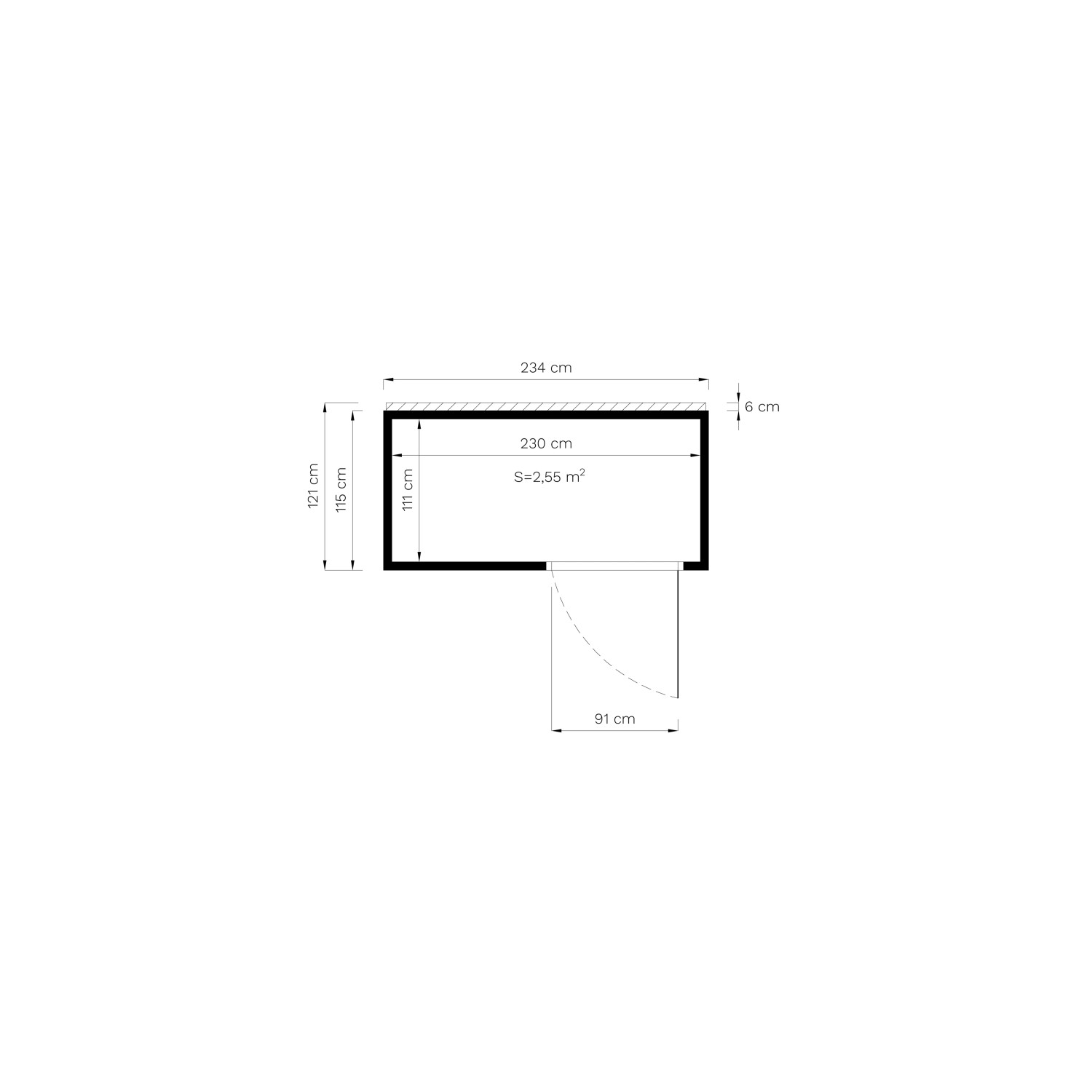 Grundriss Gartenhaus Cubus 1 Anthrazit, Maße 234x115 cm, Türöffnung, Fläche 2,55 m².