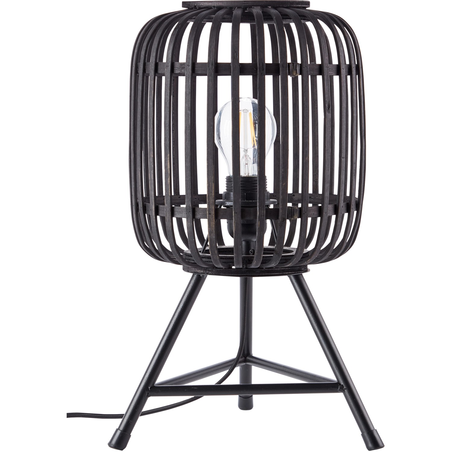 Schwarze Brilliant Tischlampe Woodrow im Design mit Dreibein-Fuß und Rattan-Schirm.