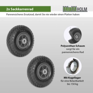 2er Set TRUTZHOLM Sackkarrenräder, 260x85mm, pannensicher, mit grauer Kunststofffelge und Kugellager.