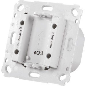Weißes Homematic IP Netzteil für Markenschalter, Rückseite mit Montagepunkten und Beschriftung. Für Hausautomation im 55er-Format.