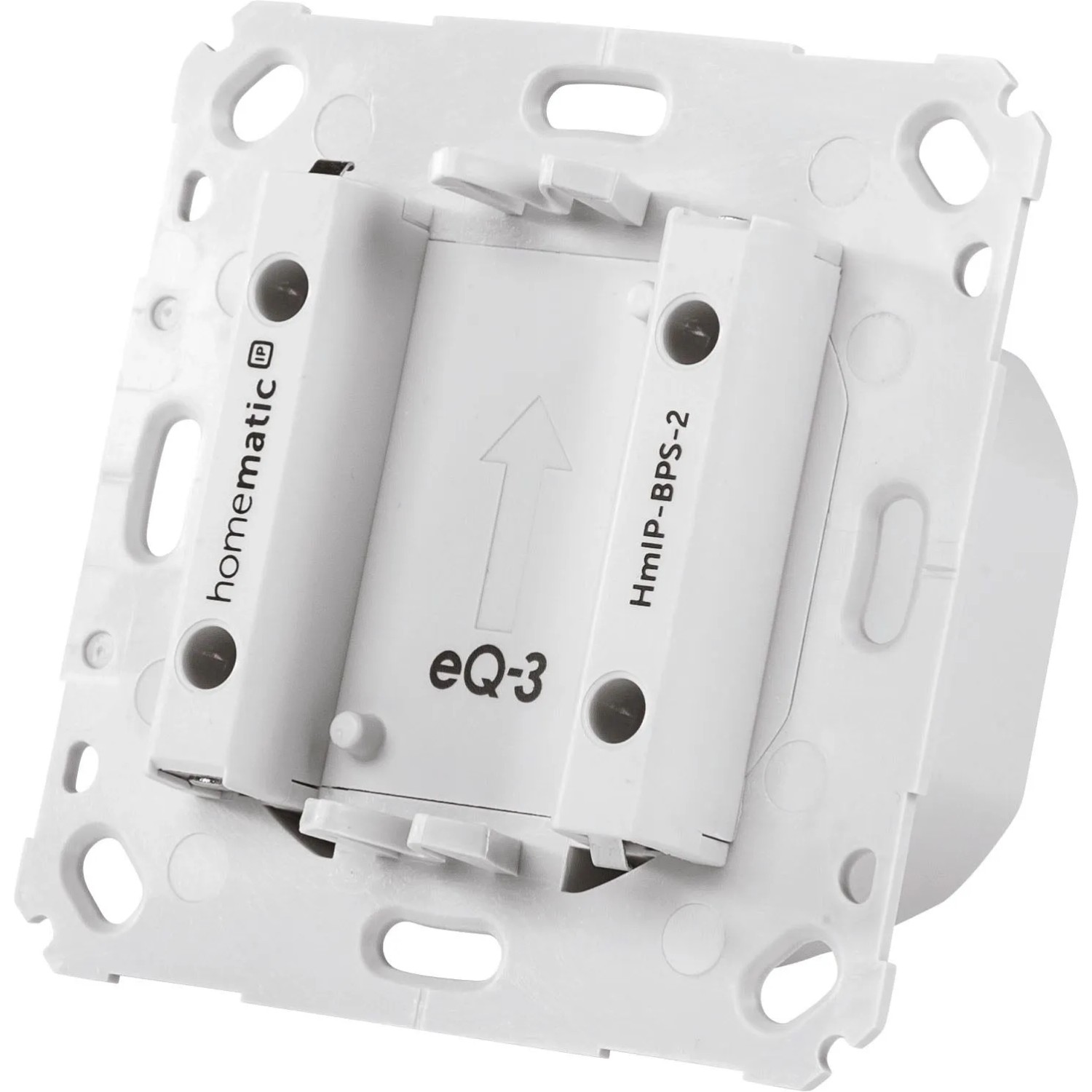 Weißes Homematic IP Netzteil für Markenschalter, Rückseite mit Montagepunkten und Beschriftung. Für Hausautomation im 55er-Format.