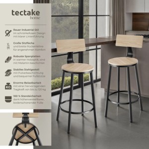 Tectake Set Barhocker Poole Mit Rückenlehne Industrial Style  46 50 x 46 50 x 104 cm Industrial Holz Hell  Eiche Sonoma