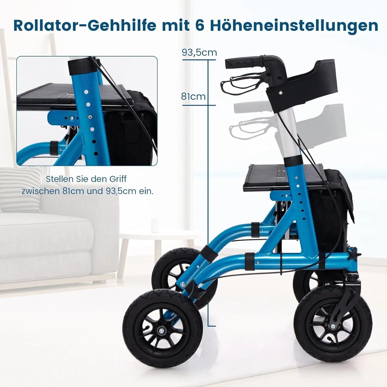 Costway Rollator mit Luftbereifung Faltbar mit Sitz Bis 136 kg Blau_4