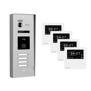 Balter Evo-HD-Mini Video Türsprechanlage mit Fingerprint für 4-Familienhaus, Aufputz, Silber, mit 4 Monitoren.