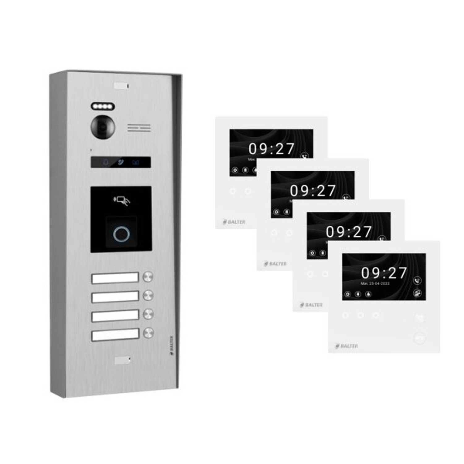 Balter Evo-HD-Mini Aufputz Video Türsprechanlage mit Fingerprint für 4-Familienhaus mit 4x 4,3 Zoll Monitor Silber
