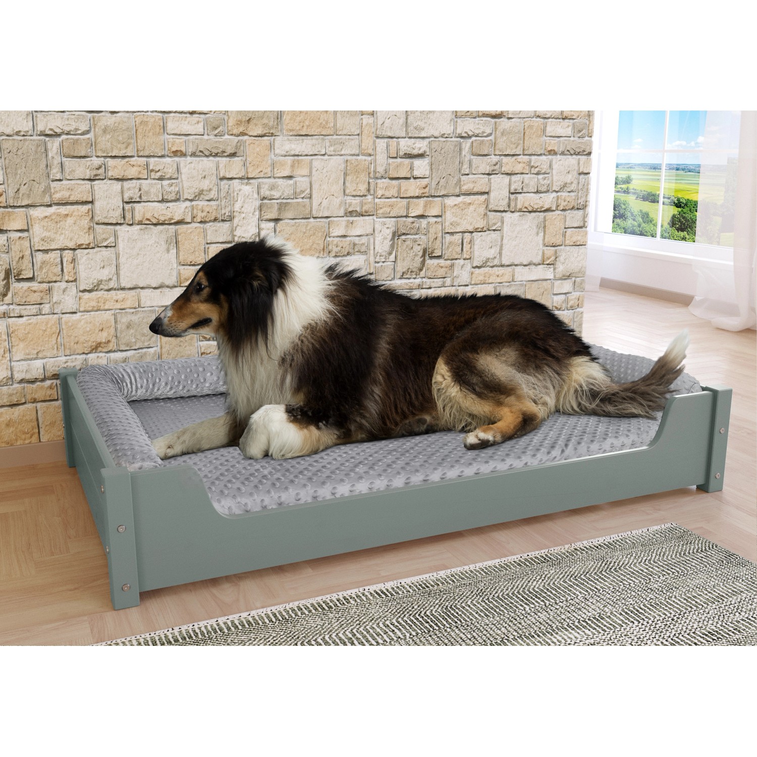 Graues Hunde Sofa: Erst-Holz Haustierbett extra groß (120x70cm) mit Rollrost und liegendem Hund.
