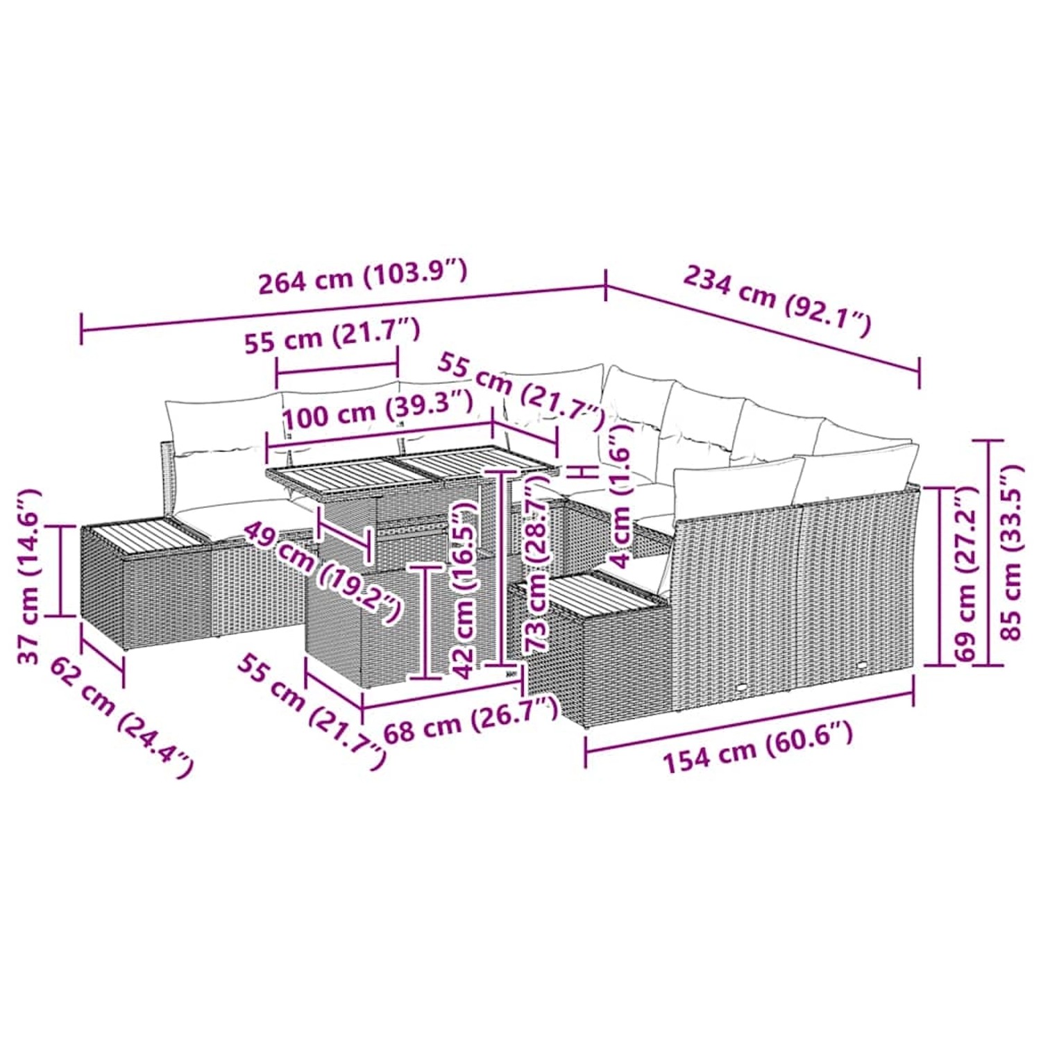 vidaXL 9-teiliges Garten-Sofa-Set beige Poly Rattan mit Maßangaben.