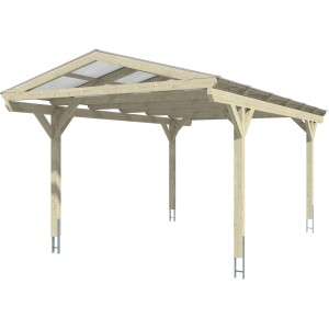Skan Holz Carport Westerwald, schiefergrau, mit geraden Kopfbändern und Doppelstegplatten.