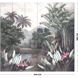 Fototapete Rainforest 280x300 cm mit Dschungelmotiv, Palmen und exotischen Blüten für ein tropisches Ambiente.