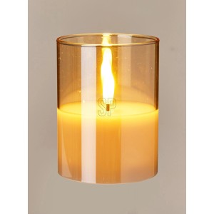 Bernsteinfarbene Glas-LED-Kerze mit warmweißer Flamme und Wachs-Optik, 7,5x10 cm. Ideal für stimmungsvolle Beleuchtung.