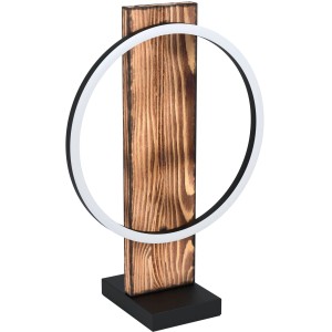 Rustikale LED-Tischleuchte Boyal in Schwarz-Braun mit Holz und rundem Leuchtelement.