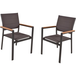 2er-Set Garden Pleasure Stapelstühle Davina, schwarz mit Teakholz-Armlehnen.