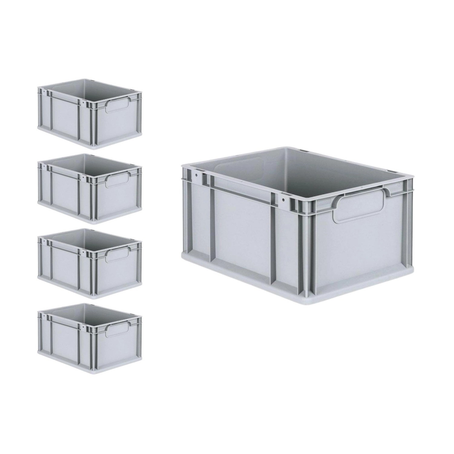 Set aus 5 grauen Euroboxen mit Deckel und Schnappverschlüssen. Aufbewahrungsboxen für Industrie und Gewerbe.