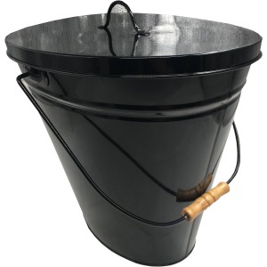 Schwarzer Firefix Mehrzweckeimer mit Deckel und Holzgriff, geeignet für Kamin- und Ofenzubehör.