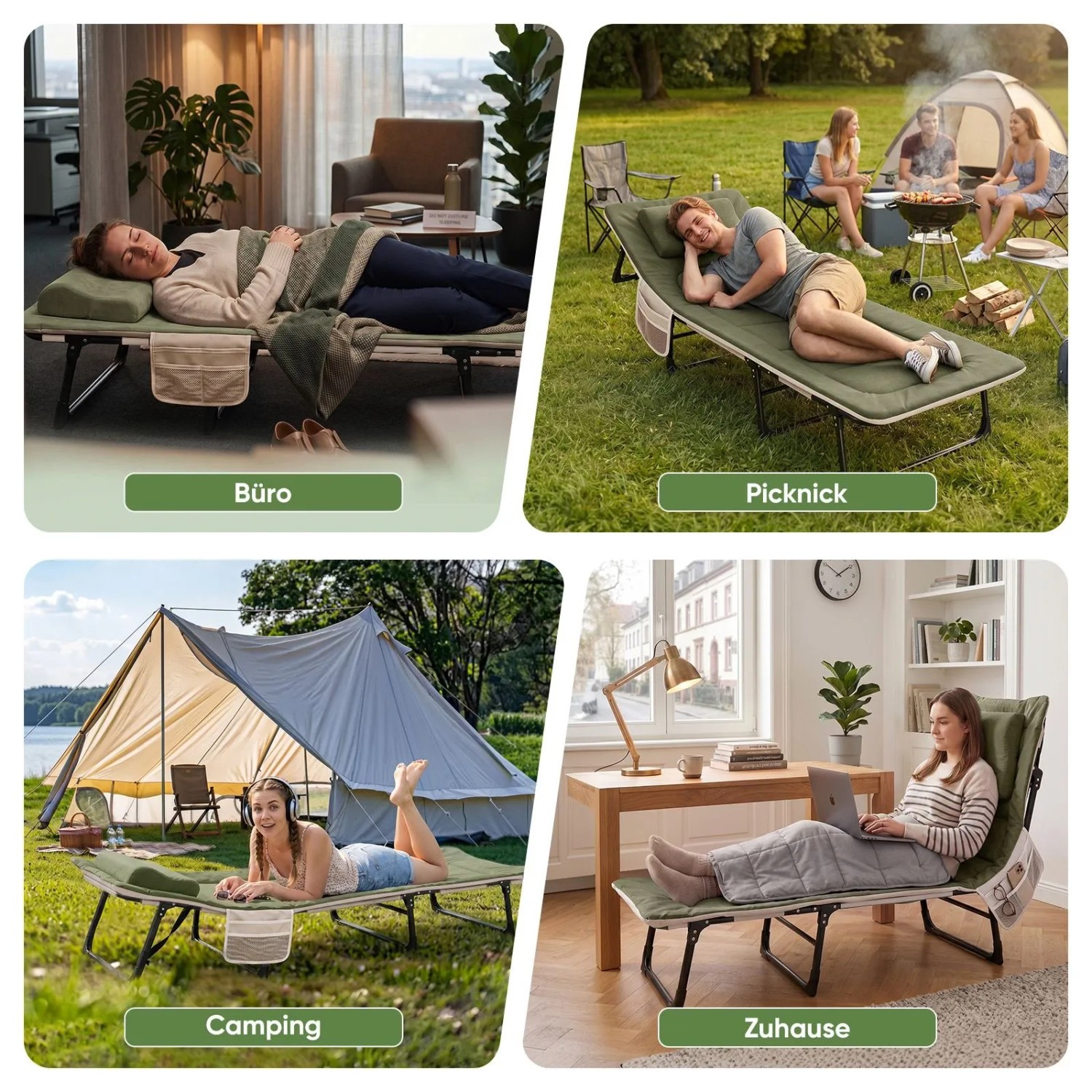 Grünes klappbares Campingbett mit Matratze und Kissen, vielseitig im Büro, beim Camping, Picknick und Zuhause.