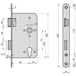 Technische Zeichnung: Basi Feuerschutz-Türschloss ES 981, DIN Rechts, Maße und Details.