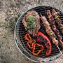 Petromax Atago Grill-Set mit Steak, Spießen und Paprika auf dem Grillrost.