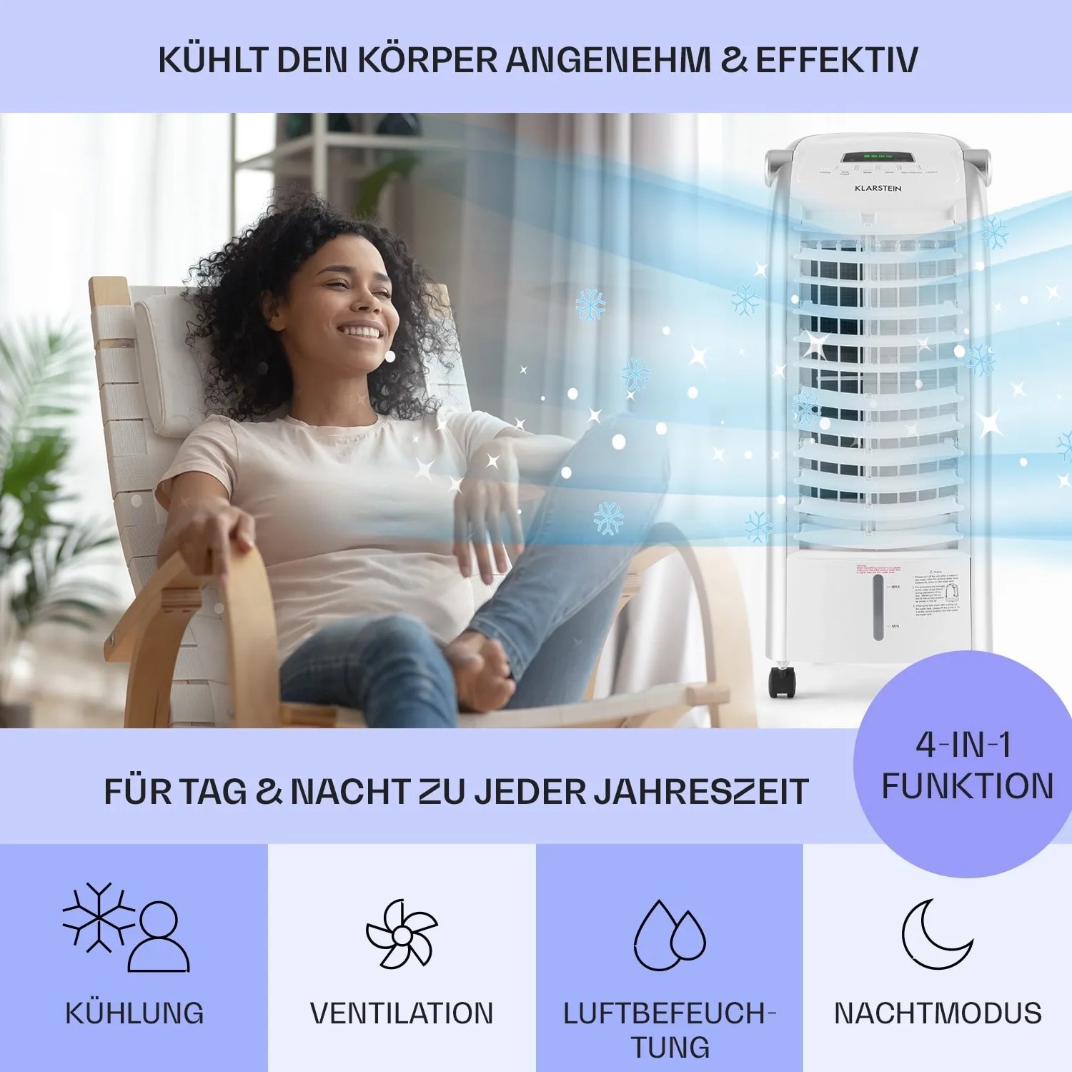 Klarstein Maxfresh Luftkühler: Weißer 4-in-1 Ventilator mit Frau im Hintergrund.