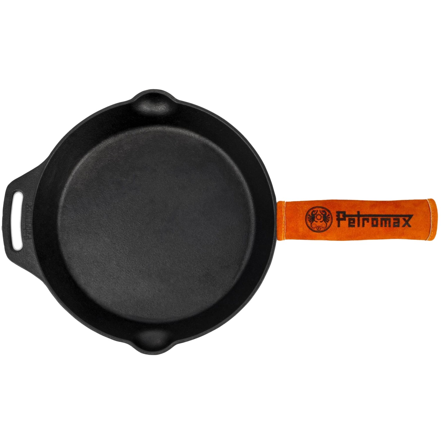 Petromax Feuerpfanne mit Aramid-Griffhülle aus Leder, orange. Grillutensil für sicheren Halt.