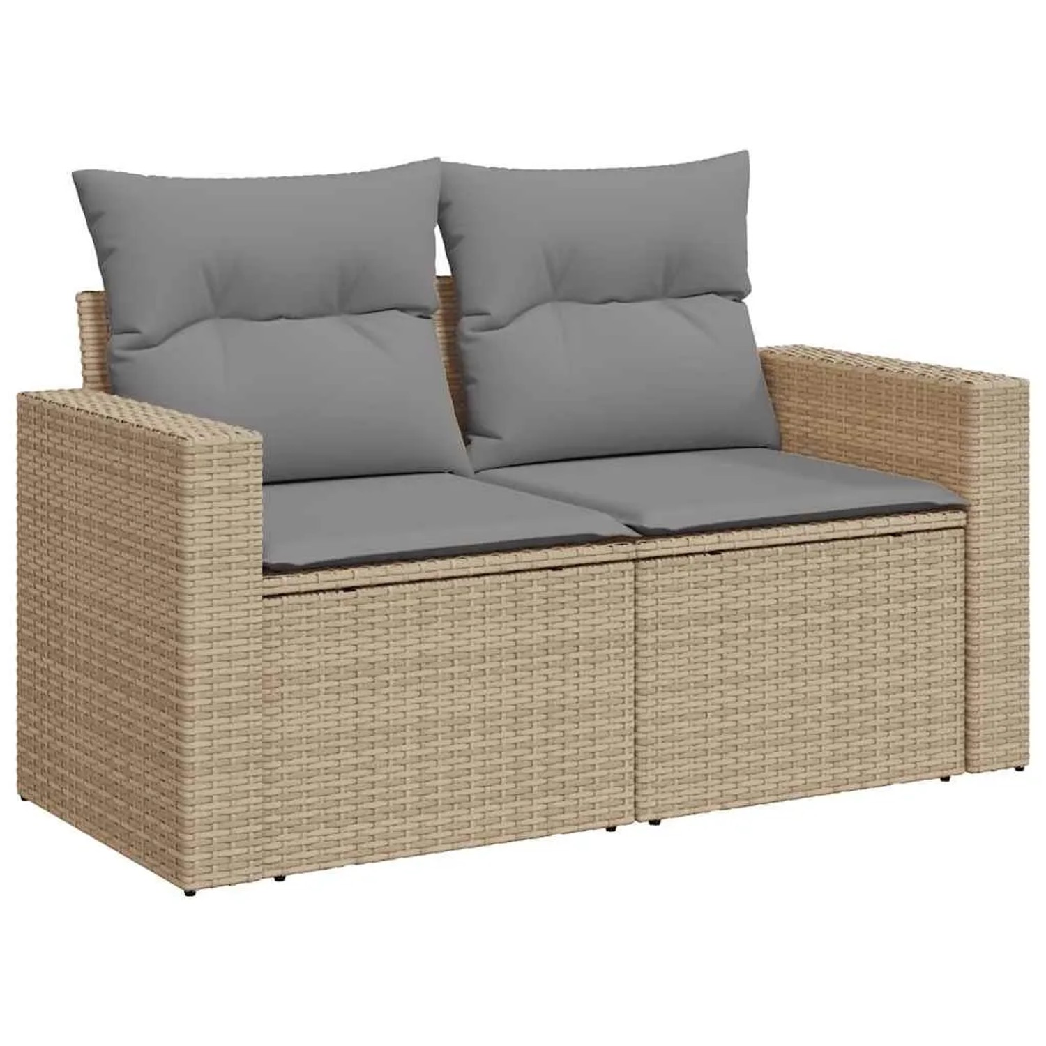 Beige vidaXL Garten-Sofagarnitur aus Rattan mit grauen Kissen, 2-Sitzer. Gartenmöbel für Terrasse und Balkon.
