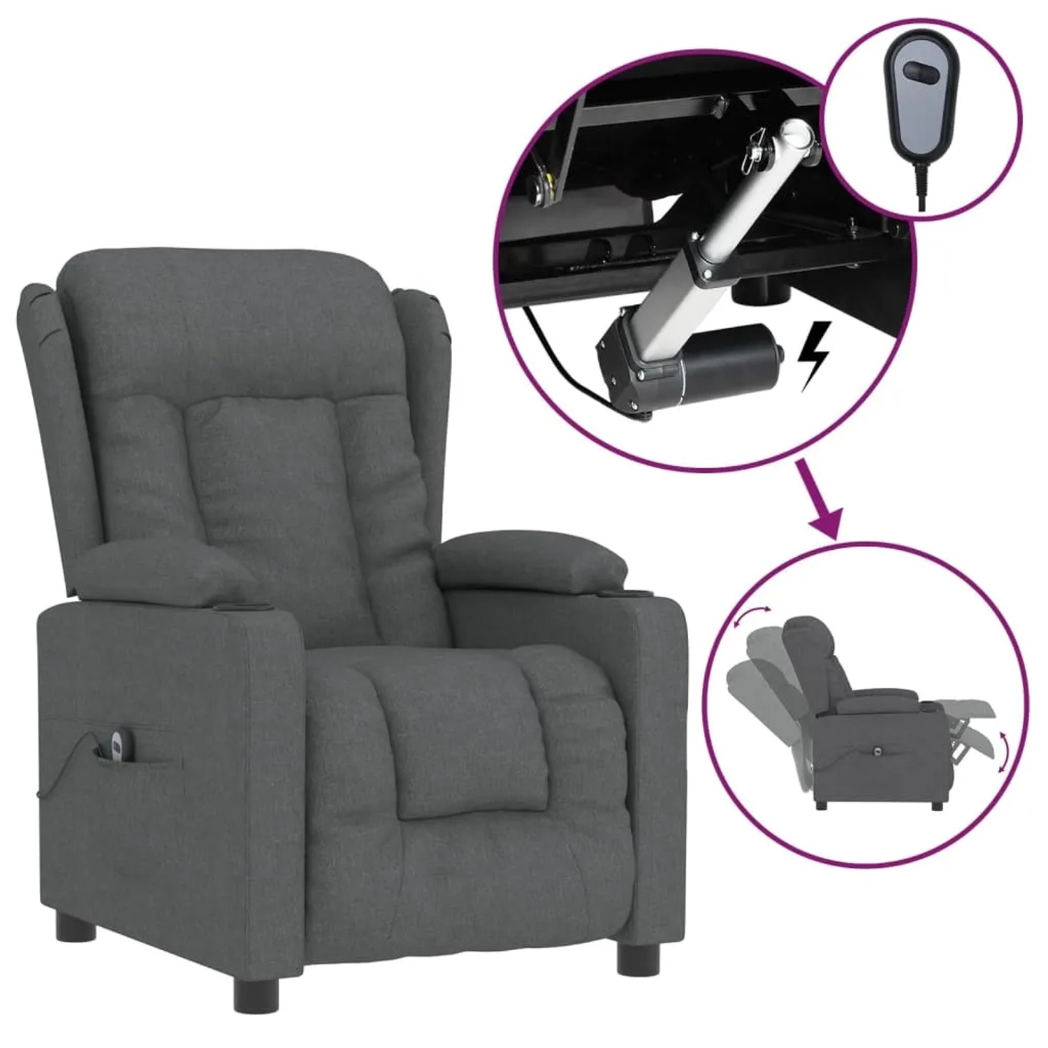 Elektrischer Relaxsessel, dunkelgrau, Stoff. Loungesessel mit Liegefunktion und Getränkehalter.