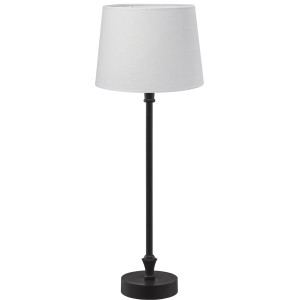 Schmale, schwarze PR Home Tischlampe Liam mit weißem Textilschirm, ideal für Fensterbänke.