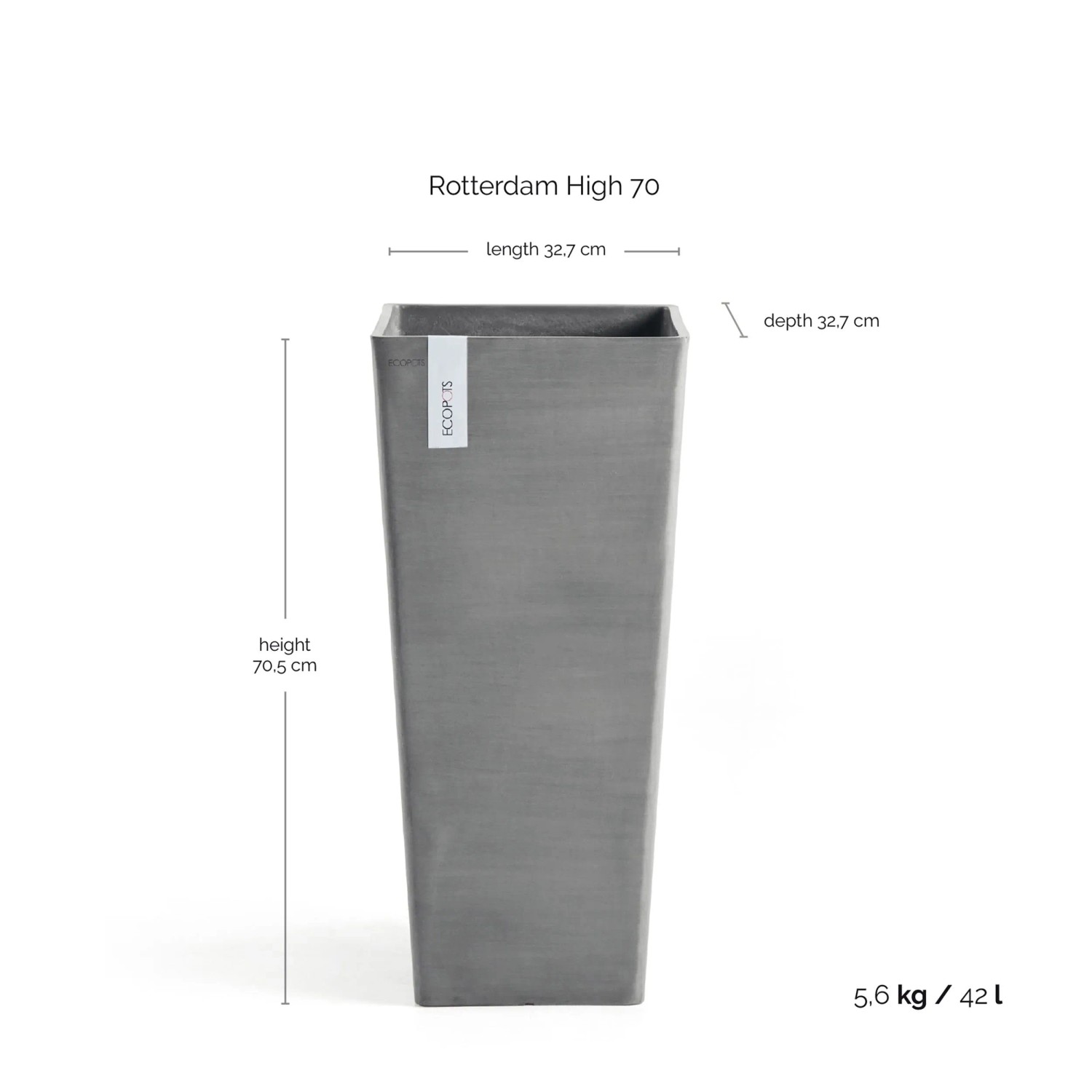 Hoher, grauer Ecopots Pflanztopf Rotterdam High, 32,5 cm, ideal für Innen- und Außenbereiche.